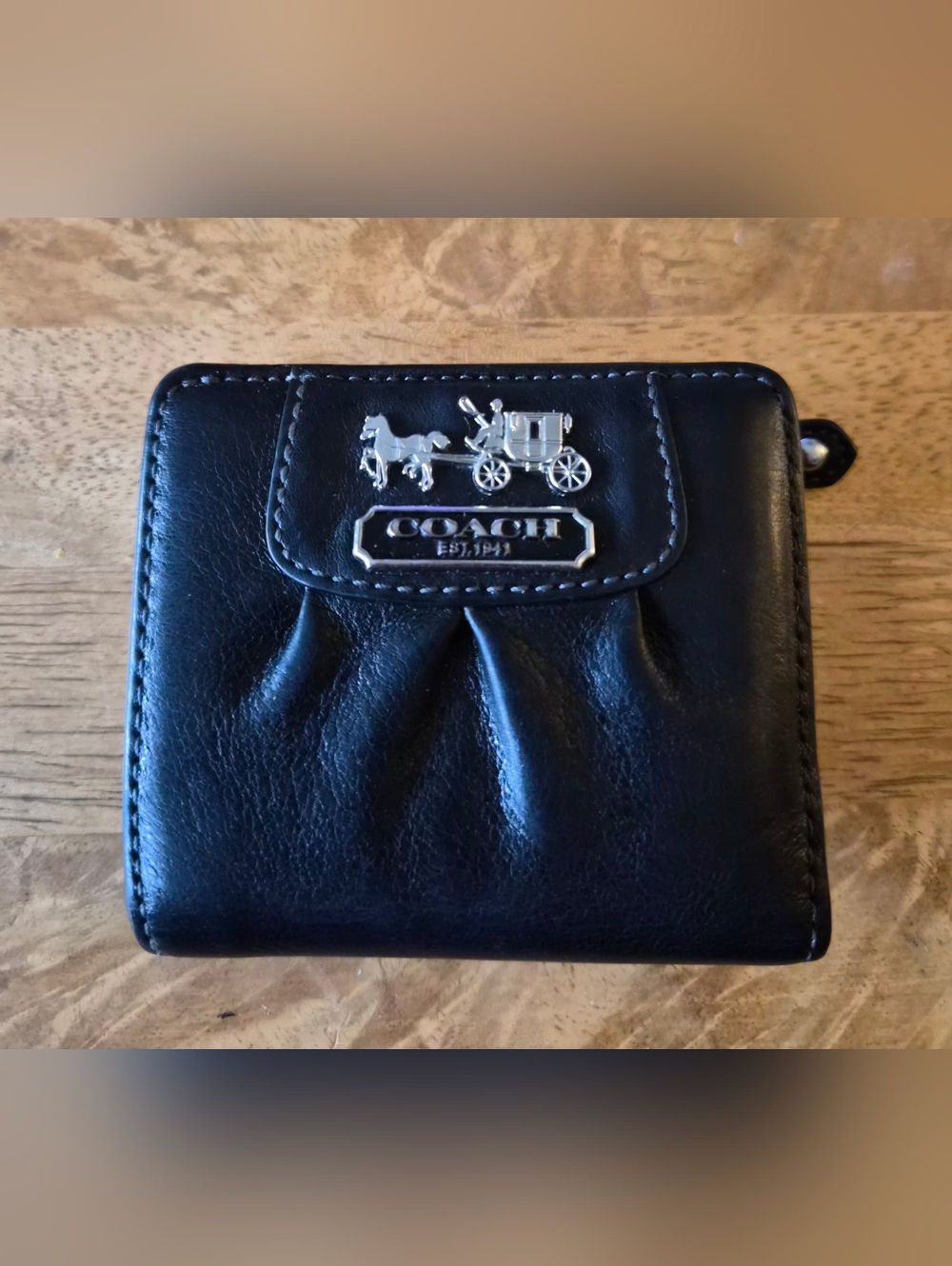 COACH Black Leather Compact Wallet with Signature Carriage Logo